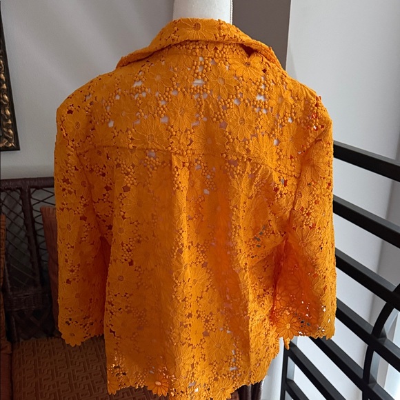 Anthropologie Bright Orange Lace Button-Down Shirt - Picture 6 of 7